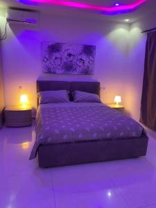 a bedroom with a purple bed with two lights at Résidence Sophia in Fatick