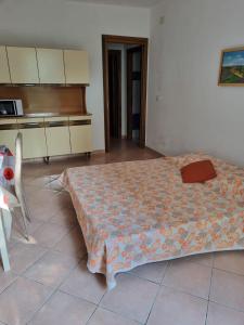 een slaapkamer met een bed in een kamer met een piano bij Casa Il Cecio in Roccalbegna