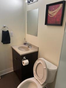 a bathroom with a toilet and a sink and a mirror at Cozy & Spacious Suite with Private Bathroom near Toronto Airport ! in Mississauga