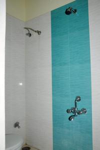 uma casa de banho com um chuveiro, um lavatório e um WC. em Hotel Agarala Residency em Tirupati