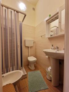uma casa de banho com um WC, um lavatório e um chuveiro em B&B Elisa em Crotone