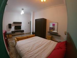 a bedroom with a large bed and a television at Dive Hostel Hurghada in Hurghada