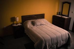 a bedroom with a bed and a dresser and a mirror at Casa de Campo La Montaña in Tarija