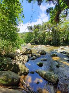 a river with rocks and trees in a forest at Avohai Lodge in Paraty