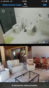 two pictures of a bathroom with a toilet and a sink at Cielo de sierra in Sierra de los Padres