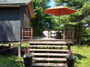 a wooden deck with an umbrella and a table at Catskills tiny house cabin in Livingston Manor