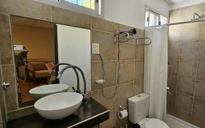 查克拉斯德科里亞的住宿－DEPTO EN CHACRAS DE CORiA，一间带水槽、卫生间和淋浴的浴室
