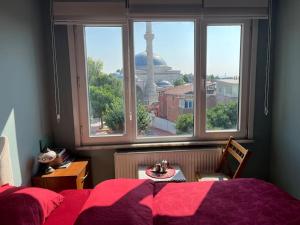 a bedroom with a bed and a window with a view at Live in Fatih, live Istanbul in Istanbul