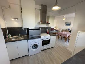 kuchnia ze zlewem i pralką w obiekcie T2 cabine rénové, animaux admis, parking sécurisé, proche plage et port - Saint-Cyprien - FR-1-106-69 w mieście Saint-Cyprien