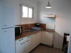 małą kuchnię ze zlewem i kuchenką mikrofalową w obiekcie Appartement T2 rénové, 4 couchages, parking, face plage, centre de Saint-Cyprien - FR-1-106-74 w mieście Saint-Cyprien +6 zdjęć