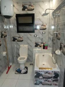 La salle de bains est pourvue de toilettes et d'une baignoire. dans l'établissement شقة مفروشة سوبر لوكس بالمريوطية هرم, au Caire