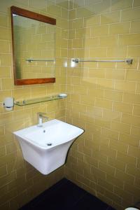 アヌラーダプラにあるEleven11 Resortの黄色のタイル張りのバスルーム(シンク、鏡付)