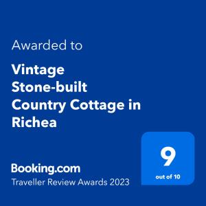 Certifikat, nagrada, logo ili neki drugi dokument izložen u objektu Vintage Stone-built Country Cottage in Richea