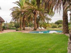 a pool with palm trees in a yard at Progress Guest Farm 