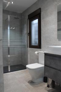 a bathroom with a shower and a toilet and a sink at Alojamientos Centro Histórico de Ciudad Rodrigo in Ciudad-Rodrigo