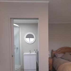 a bedroom with a bed and a mirror and a sink at One bedroom country cottage in Motueka