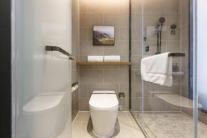 a small bathroom with a toilet and a shower at Dalian Airport Yingke Road Atour Hotel in Dalian
