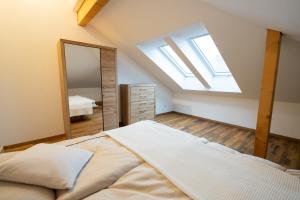 Dormitorio en el ático con cama y espejo en Hochwertiges Apartment / 120m² / Dachterrasse / Parking en Dresden