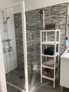 La salle de bains est pourvue d'une douche et d'une étagère blanche. dans l'établissement VILLA MOANA, à Andernos-les-Bains