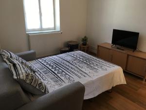 ein Wohnzimmer mit einem Tisch, einem Sofa und einem TV in der Unterkunft Gites Le Cheval Noir in Rouillac