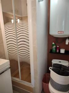 La salle de bains est pourvue d'une douche, de toilettes et d'un lavabo. dans l'établissement joli studio rénové dans station balnéaire., à Saint-Mandrier-sur-Mer