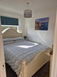 Schlafzimmer mit einem Bett, einem Fenster und einem Kronleuchter in der Unterkunft Caldon Holiday Chalet sleeps 4 in Dartmouth WIFI Electric inc Pet friendly in Dartmouth