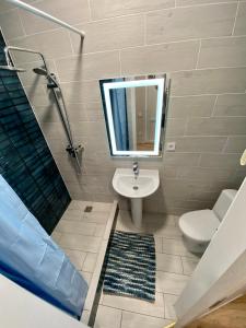 bagno con lavandino, servizi igienici e specchio di Dudaeva Lviv Apartments a Lviv