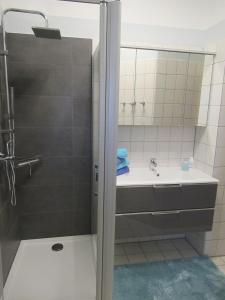 een badkamer met een douche en een wastafel bij Ferienwohnung An der Itz in Coburg