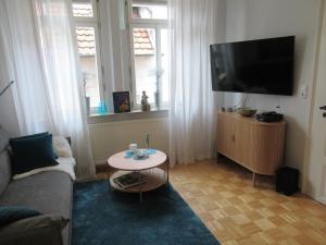 een woonkamer met een bank en een tv bij Ferienwohnung An der Itz in Coburg