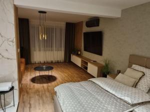 A bed or beds in a room at Krásný apartman s vybavením a bezplatným parkovanim Még 5 kép
