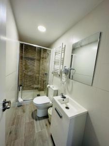 Baño blanco con aseo y lavamanos en HOSPEDAJE CUATRO VIENTOS, en Madrid