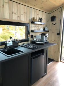 a kitchen with a stove and a sink and a counter at Baugsberget Fjelltopphytter in Alvdal