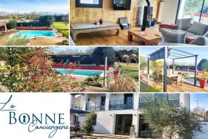 kolaż zdjęć z basenem i domem w obiekcie Villa Moderne * Piscine privée 5x10 * Climatisation * Camargue w mieście Marsillargues