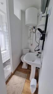 ein Badezimmer mit einem weißen Waschbecken und einem WC in der Unterkunft Semi studio - TV - WIFI - Salle de bain Privée in Avesnes-sur-Helpe