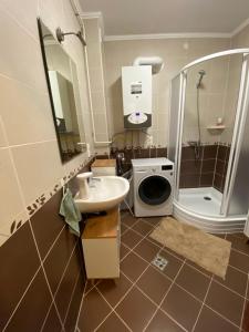 a bathroom with a sink and a washing machine at PannaRoza Apartman in Balatonlelle
