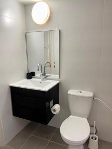 uma casa de banho com um WC, um lavatório e um espelho. em Bat Galim - Mirror Apartment by the beach em Haifa