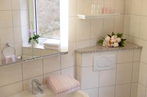 a bathroom with a toilet and a sink and a mirror at Gästehaus Aladin in Cochem