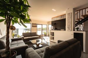 uma sala de estar com sofás e uma lareira em Seehaus Albatros em Kahnsdorf