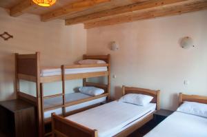 two bunk beds in a room with wooden ceilings at Aste Guesthouse in Tropojë