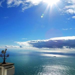 un uccello seduto in cima a un edificio con vista sull'oceano di Albergo Dipinto BaccoFurore a Furore