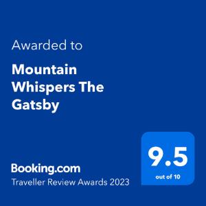 Un certificado, premio, letrero u otro documento en Mountain Whispers The Gatsby