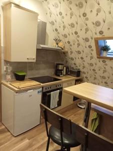 a small kitchen with a stove and a table at Auszeit-Schoenenwalde in Papenhagen