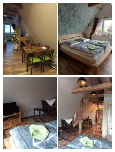 four pictures of a room with a bed and a table at Auszeit-Schoenenwalde in Papenhagen