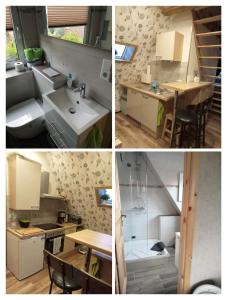 four pictures of a kitchen and a bathroom at Auszeit-Schoenenwalde in Papenhagen