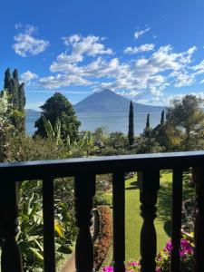 a balcony with a view of a mountain at Hotel Atitlan in Panajachel