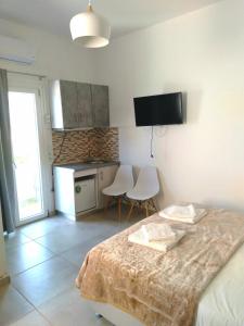 a bedroom with a bed and a kitchen with a tv at IOKASTI STUDIO 1 in Andros