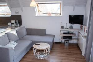 ein Wohnzimmer mit einem Sofa und einem TV in der Unterkunft OH 42 - Strandvogt Komfort in Dorum Neufeld
