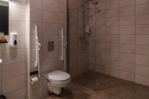 ein Bad mit einem WC und einer Glasdusche in der Unterkunft HOTEL SNAEFELLSNES formally Hotel Rjukandi in Vegamót