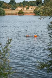 a lake with two kayaks in the water at Lakeside Lodge- 'Lapwing' in Bishampton
