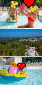 deux photos d'une femme dans une piscine avec un gonflable dans l'établissement Camping la dune blanche, à Camiers